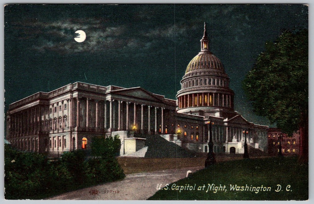 Antique Postcard Capitol Dome Night Washington, D.C 1910s