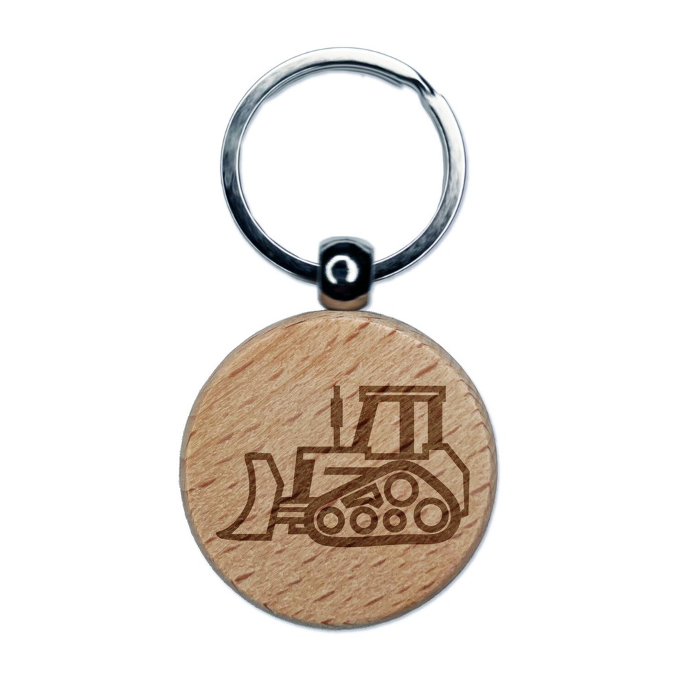 Bulldozer Dozer Construction Vehicle Engraved Wood Round Keychain Tag Charm