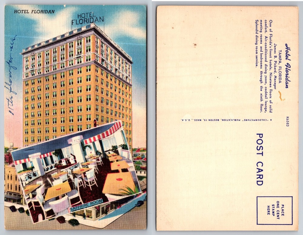 Hotel Floridan Tampa Florida Sapphire Room Linen Postcard Vintage