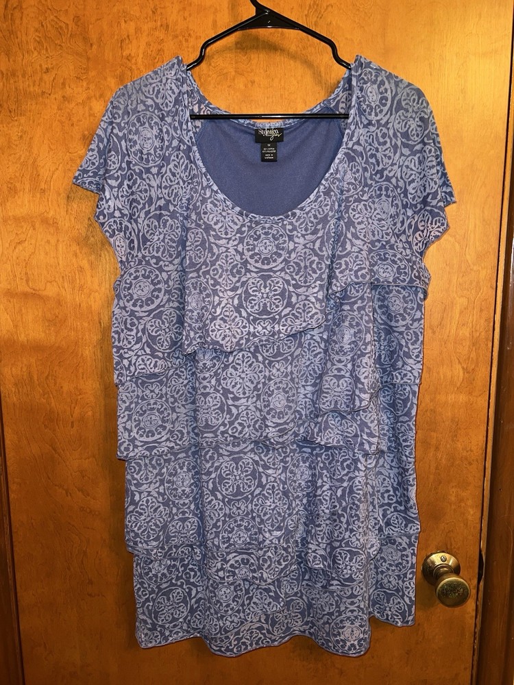 Style & Co. Women's 1X Blue Paisley Short Sleeve Scoop Neck Ruffle Knit T-Shirt