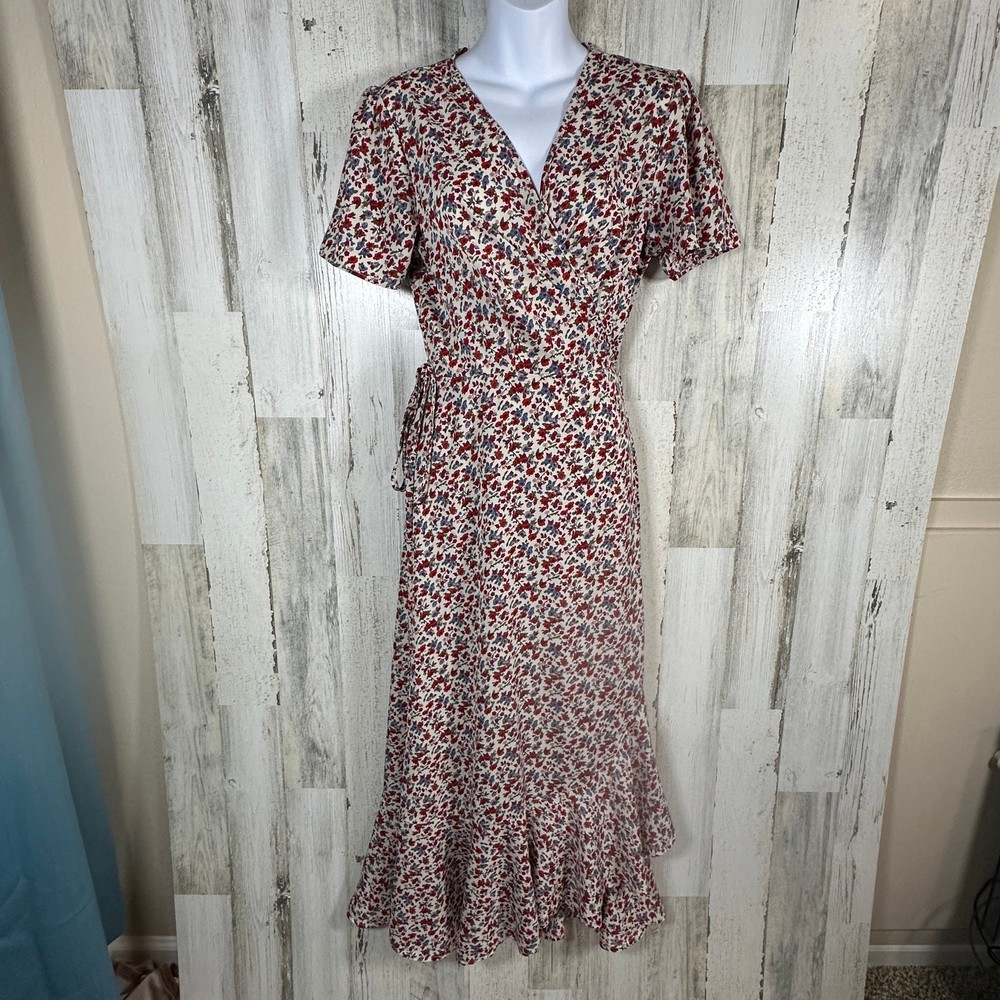 Prettygarden Cottagecore Ivory Floral Maxi Dress M | Wrap Style | Ruffles