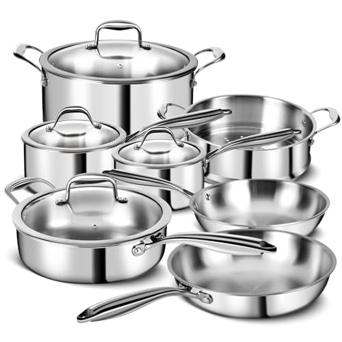 3-Ply Stainless Steel 11-Pc Cookware Set with Lids Pots Pans for Kitchen