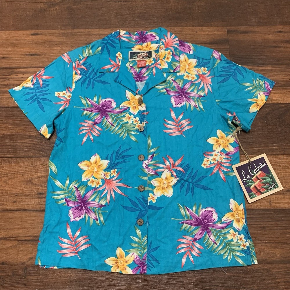 La Cabana Women Sz S Button Up Floral Hawaiian Shirt Top Short Sleeve Tropical