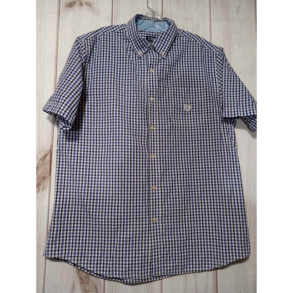 Chaps Mens Large Gingham Button Down Shirt Purple Blue Short Sleeve Easy Care