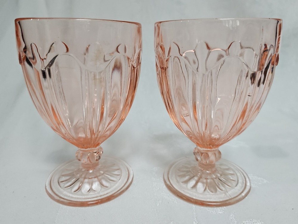 2 Hocking Colonial (Knife & Fork) Pink Footed Tumblers 10 oz 1934-36 Lovely EUC