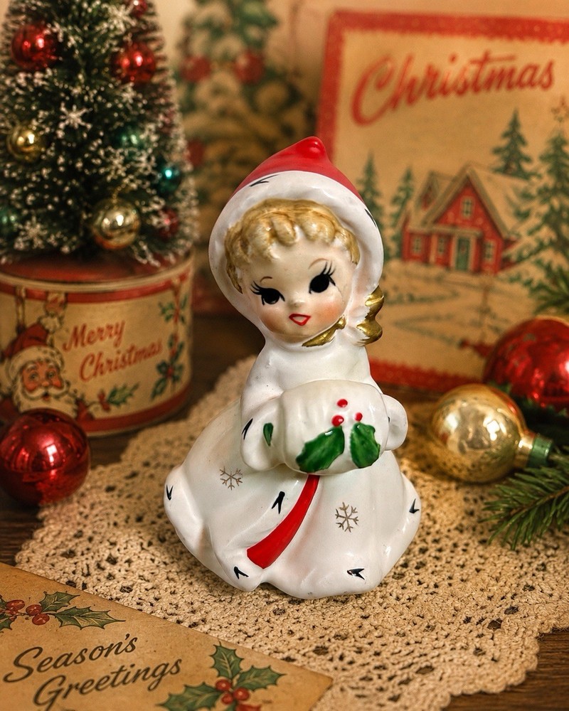Vintage Napco Christmas Girl Bell Figurine White Coat Holly Japan 4” Tall Decor