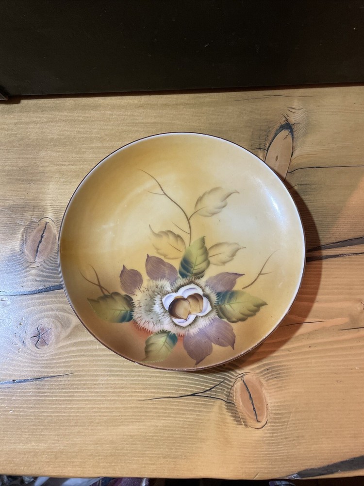 Vintage Hand Painted Meito China Plate 7 1/2” inch gold trim green leaves nuts