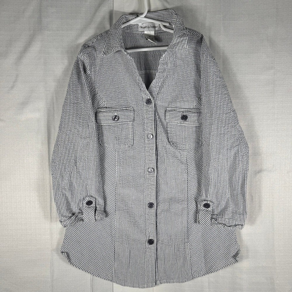 Drapers & Damons Womens Seersucker Striped Button Down Shirt Navy White Size M