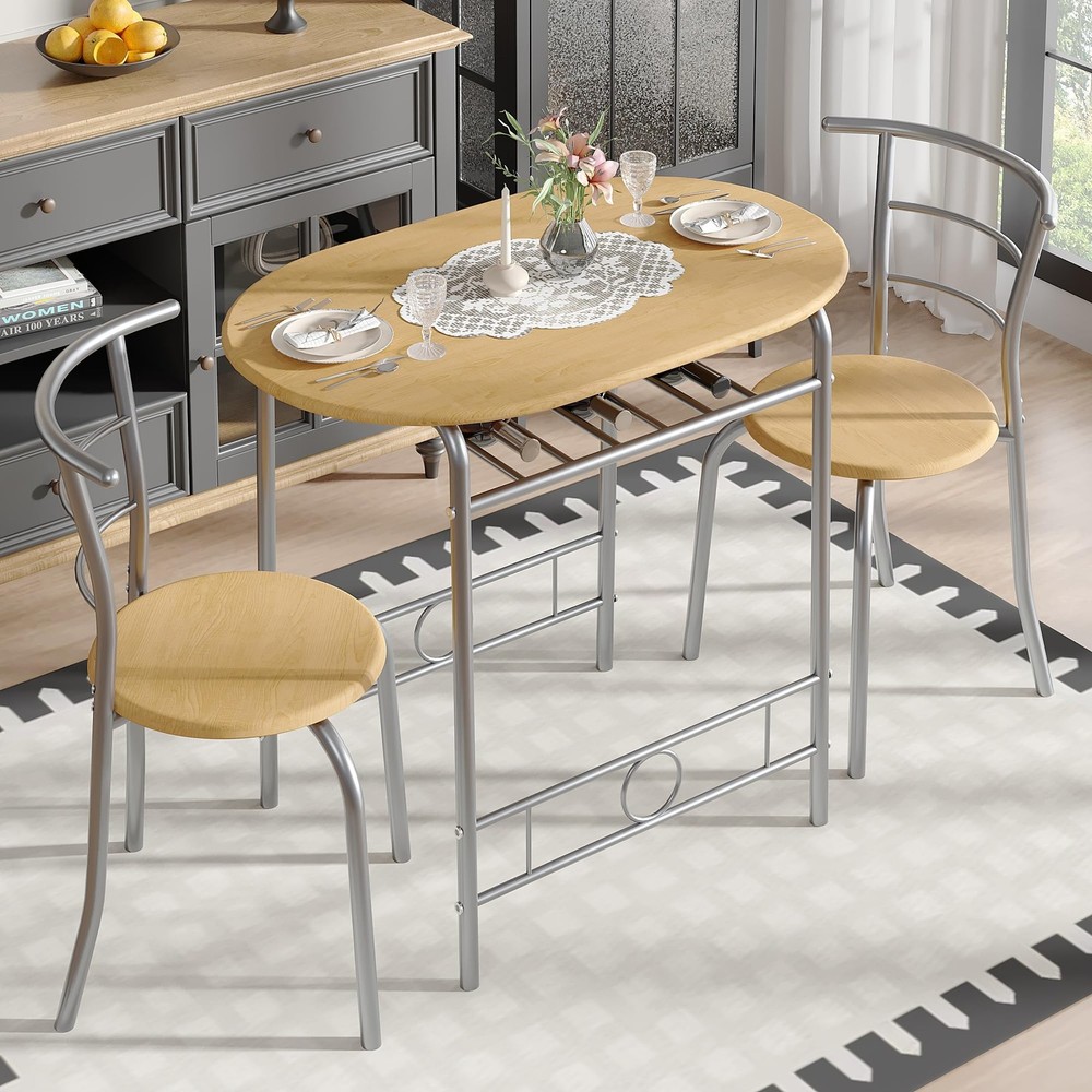 3-Piece Dining Table Set for Kitchen Breakfast Nook, Wood Grain Oval Tabletop...