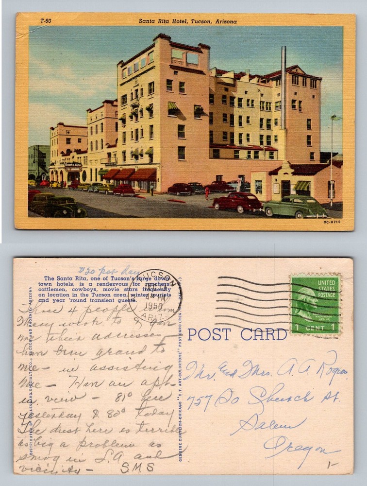 Tucson, AZ-Arizona, Santa Rita Hotel Downtown Hotel Cars Vintage c1950 Postcard