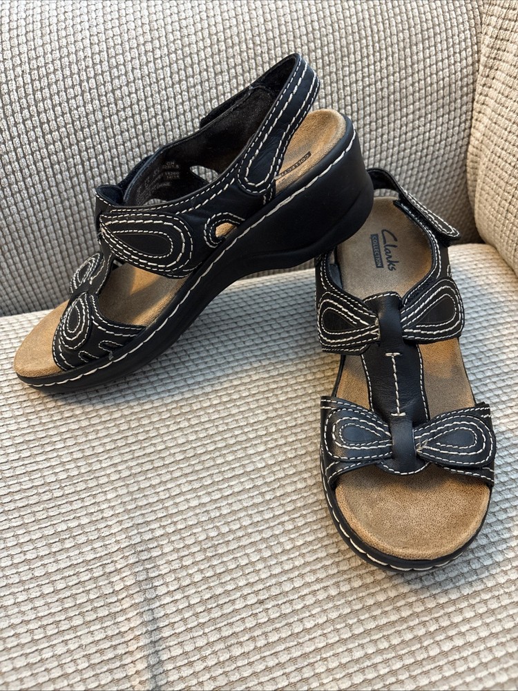 CLARKS Womens Lexi Walnut Leather Wedge Sandals Size 5.5 Black EUC