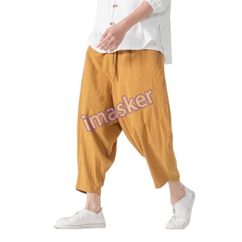 Men's Cotton Linen Cropped Drop Crotch Pants Summer Casual Chinese Style