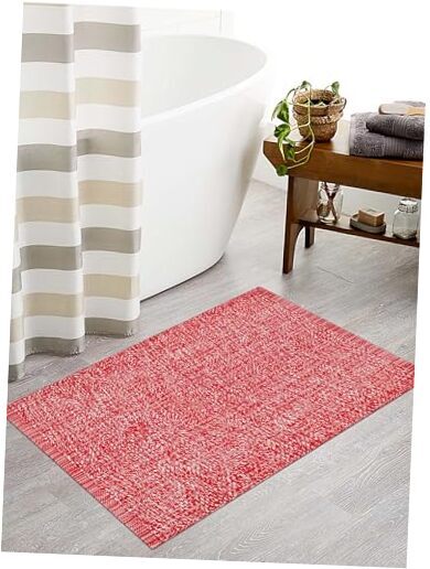 Washable 2x3 Red White Cotton Woven Bathroom Rug Non-Slip Entryway Mat