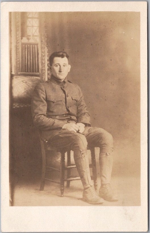 Vintage 1910s WWI Military RPPC Real Photo Postcard Young Soldier 