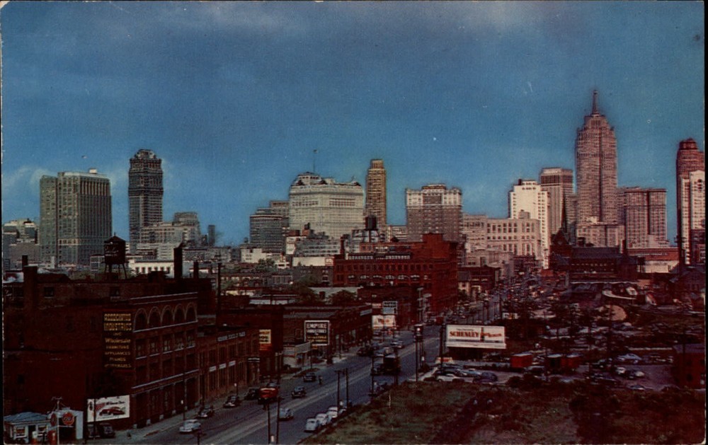 Michigan Detroit Skyline from West Fort Street aerial view ~ 1950s-60s sku565