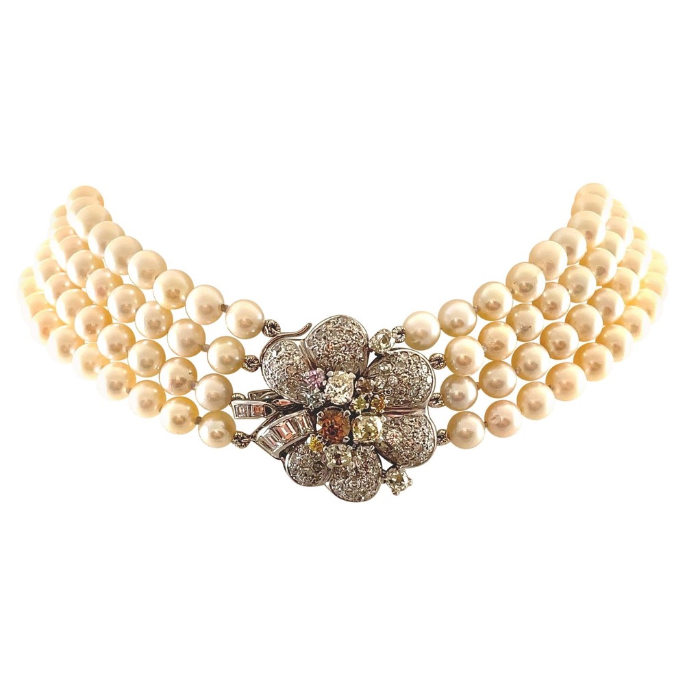 7.80ct Multi-Color Diamond & Pearl 18k White Gold Choker Necklace