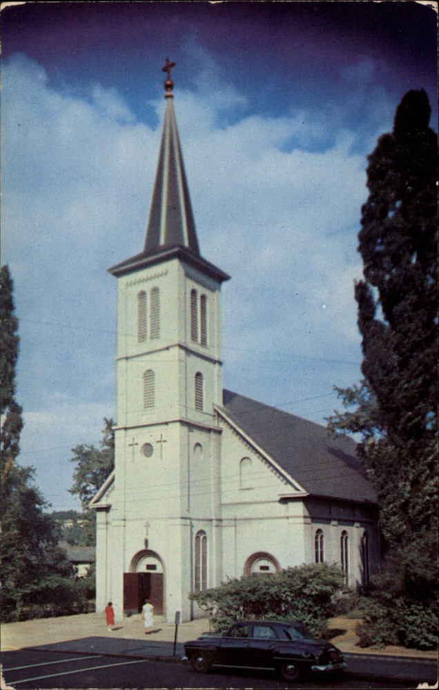 Butler Pennsylvania St Peter's Roman Catholic Church steeple 1950s car postcard