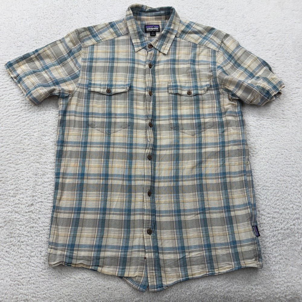 Patagonia Mens Organic Cotton Plaid Short Sleeve Button Down Shirt Blue Tan S