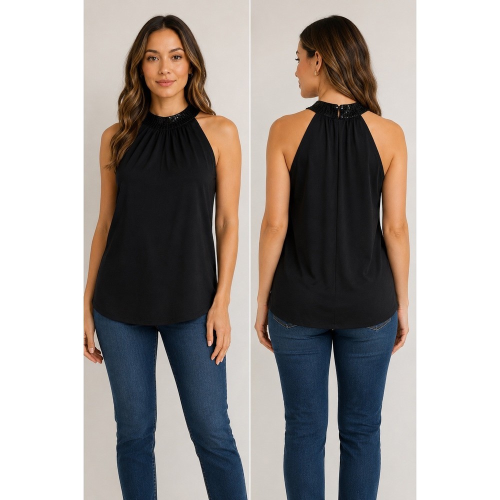 Michael Kors Women Black Sequin Halter Neck Top Sleeveless Blouse Size M