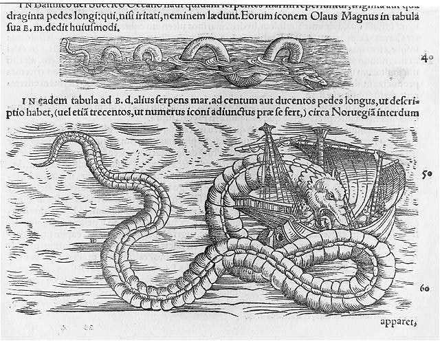 Photo:Sea monsters,one destroying a sailing ship