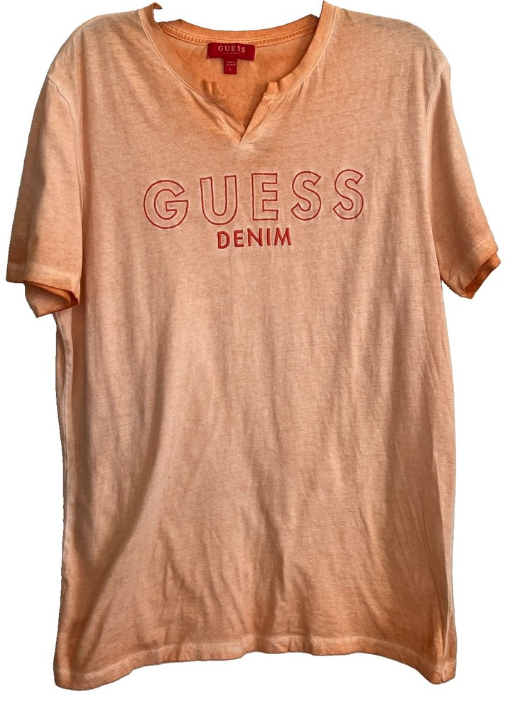 Guess Denim V Neck Lightweight Men’s Women’s Tee Size L Embroidered Logo Orange