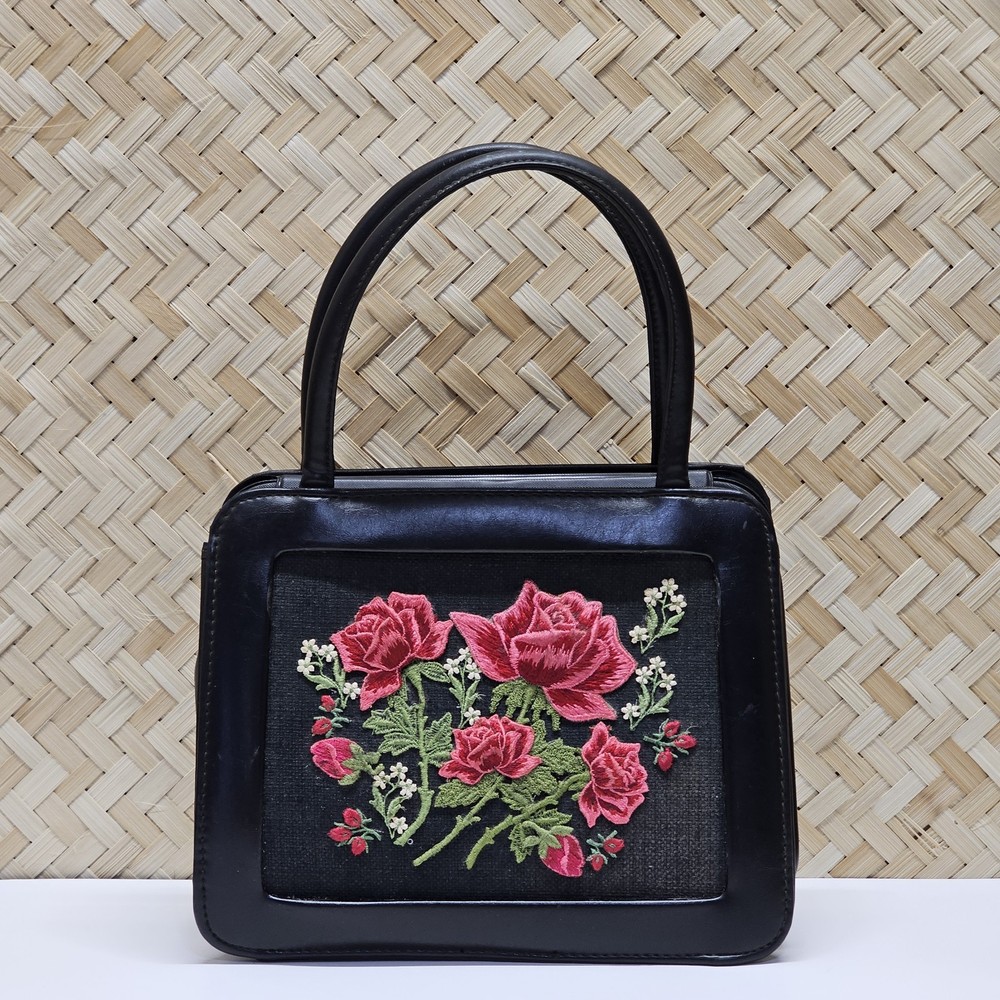 Vintage Handbag Purse Black Embroidered Rose Applique Flower Boho Retro Feminine