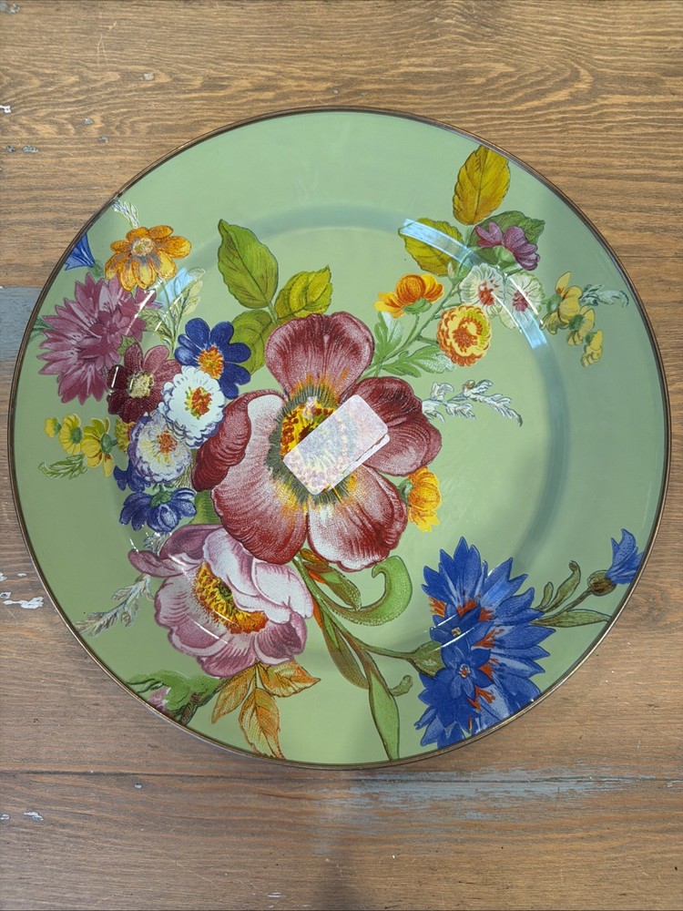 Retired Mackenzie Childs Green Flower Market 12” Charger Dinner Plate Brand New