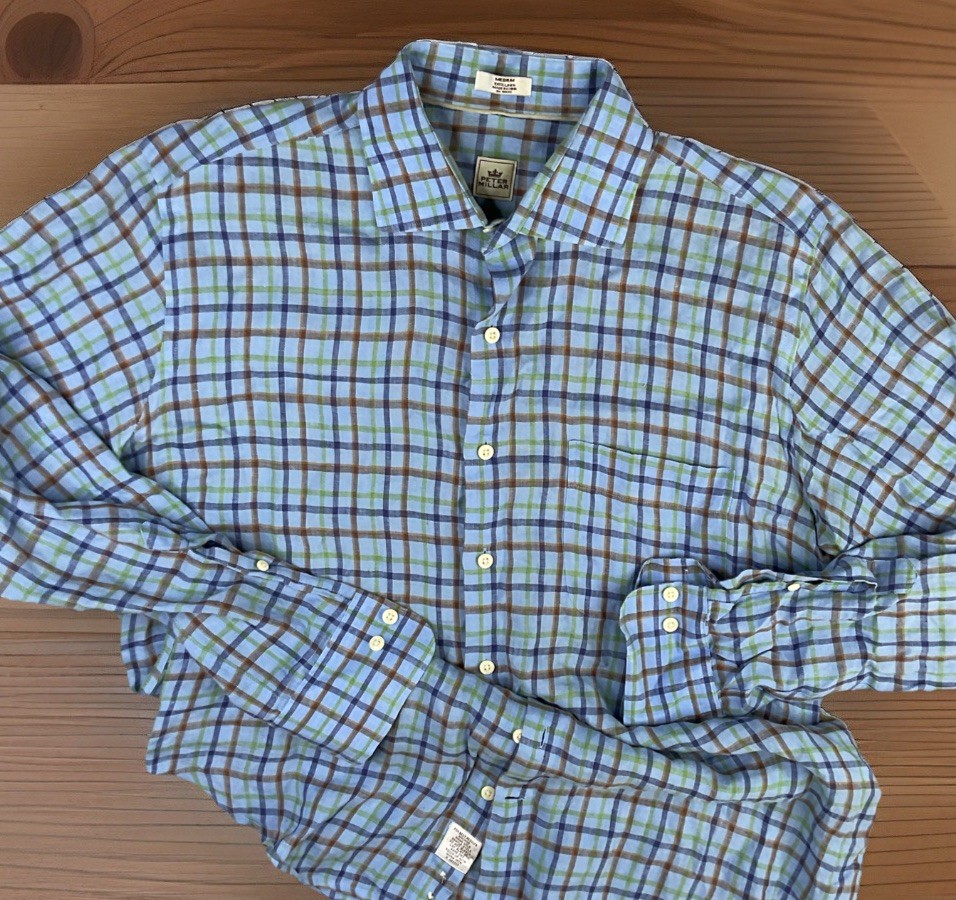 Peter Millar Shirt Men Sz M 100% Linen Plaid Checks Button Front Long Sleeve
