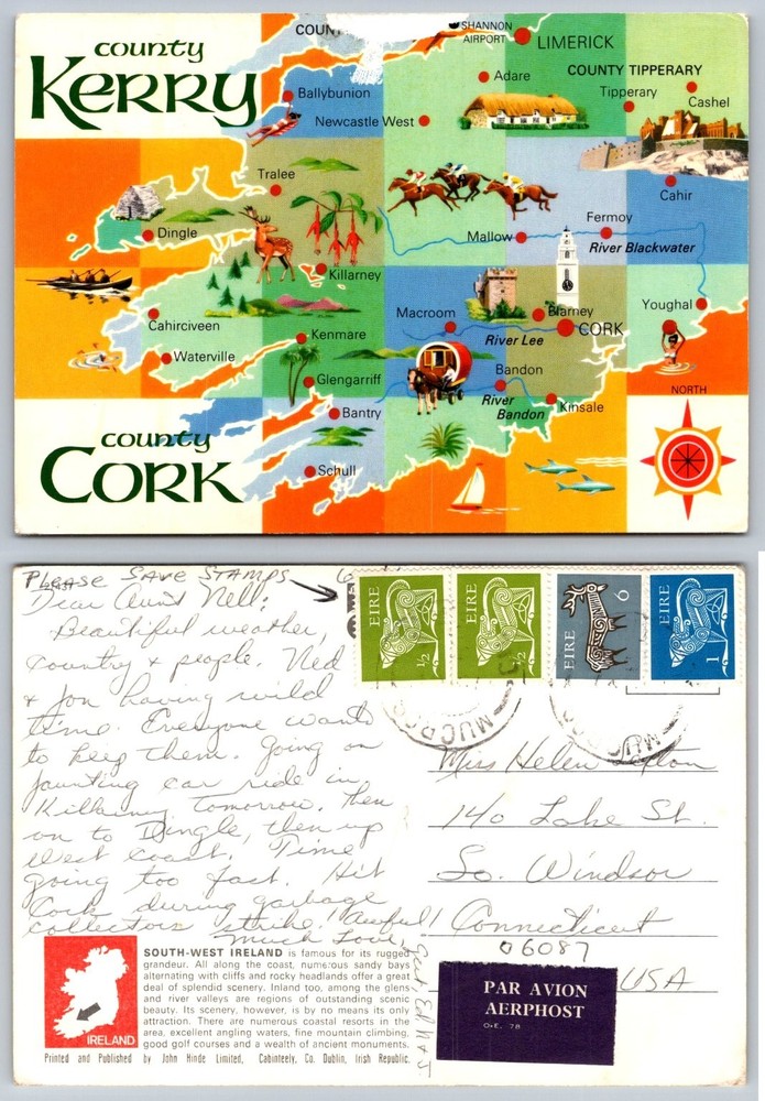 Vintage Postcard: Counties Kerry & Cork Ireland Pictorial Map John Hinde Posted