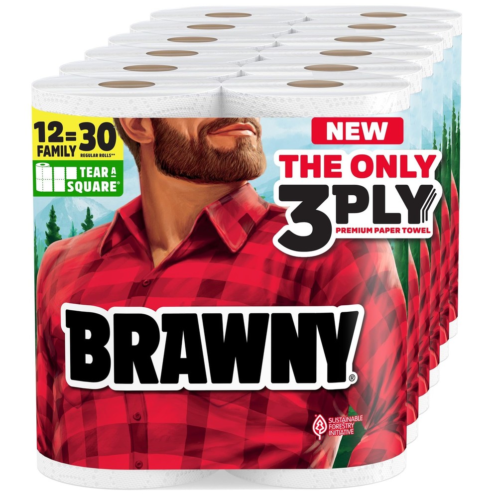 Brawny Tear-A-Square 3-Ply Paper Towels, 12 XL Family Rolls = 30 Regular Roll...
