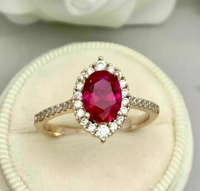 2Ct Oval Cut Simulated Pink Ruby Halo Engagement Ring In 14K Yellow Gold Plated