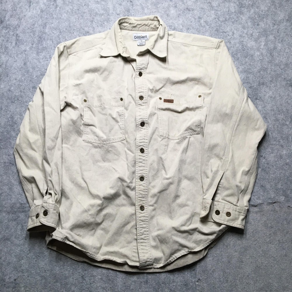 Carhartt Shirt Mens Medium Beige Solid Long Sleeve Button Up Workwear Canvas