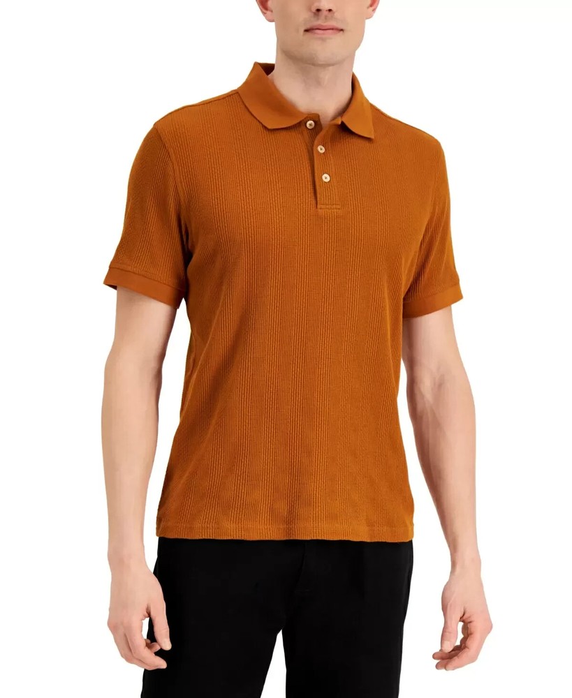 Alfani Men's Stretch Textured Stripe Jacquard Polo Shirt, Carmel Cafe Brown, 2XL