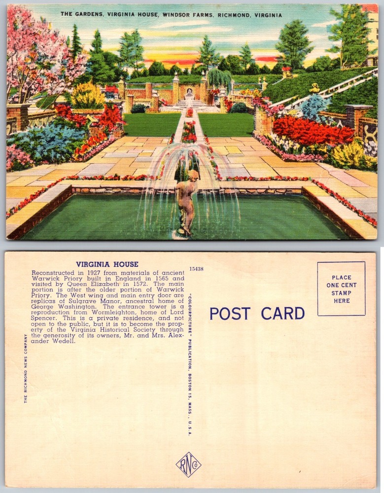 Gardens Virginia House Windsor Farms Richmond Virginia Fountain Postcard