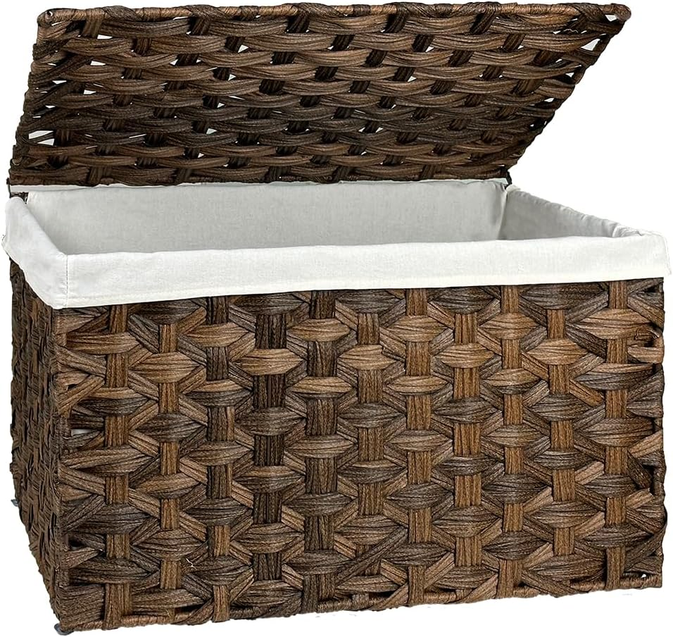 Storage Basket with Lid, 17.2 Gallon (65L) Wicker Storage Trunk with Handles, Ha