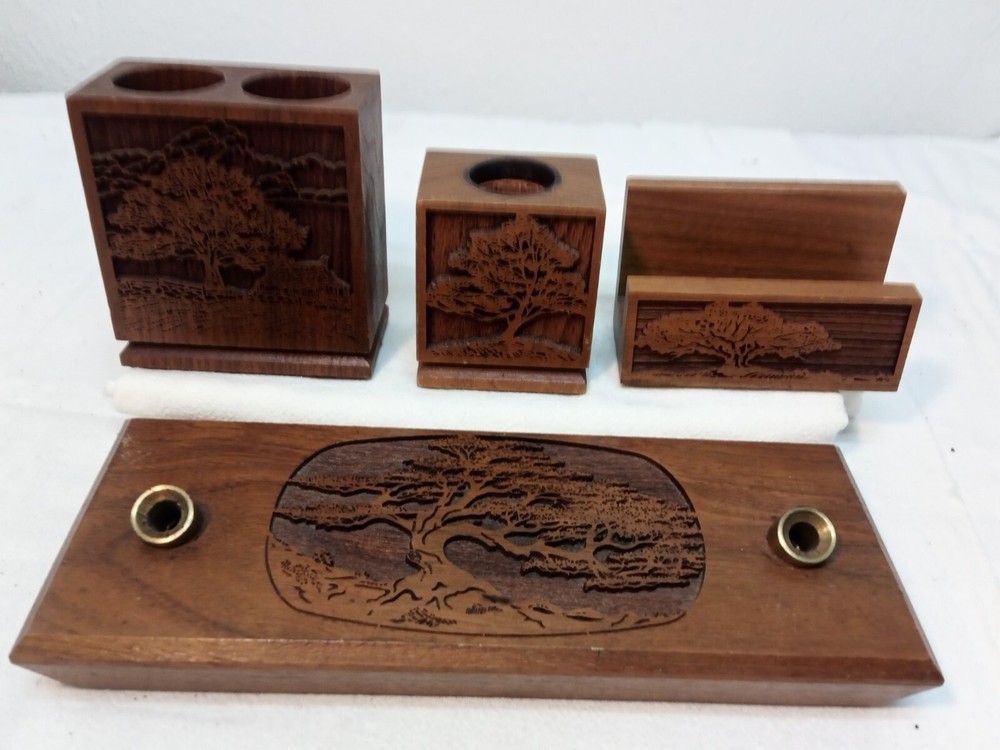 Vintage Lasercraft American Walnut Wood Laser Engraved 4 Piece Desk Set Trees