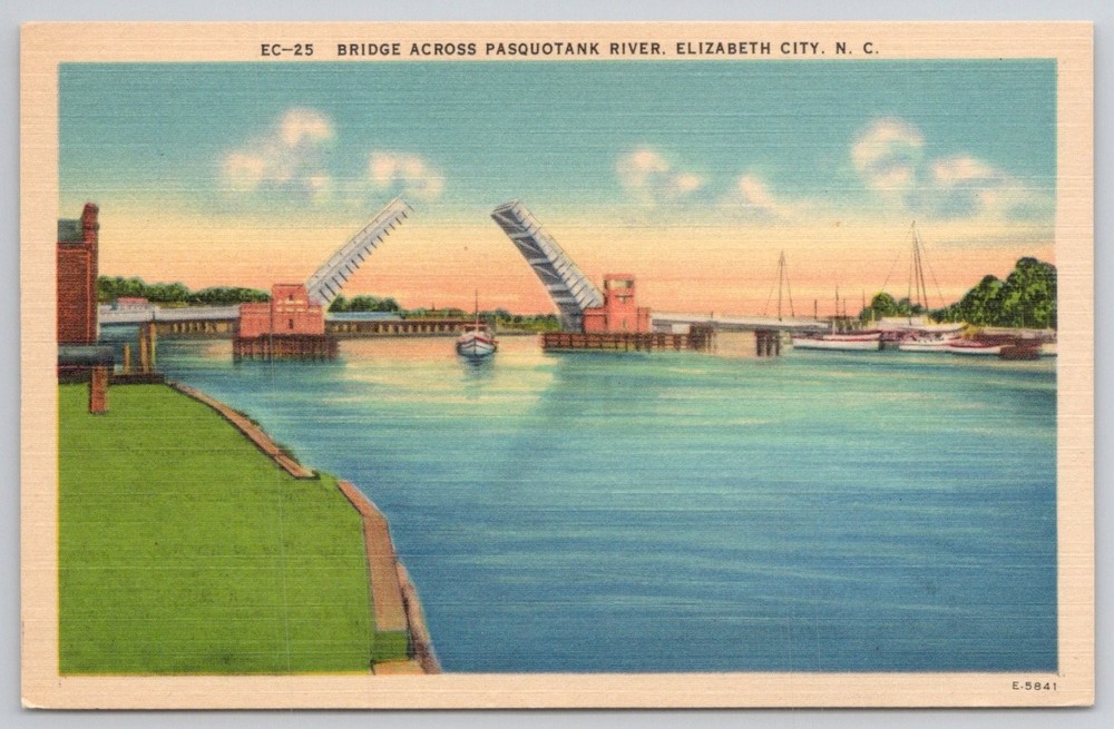 Elizabeth City NC Bascule Bridge Pasquotank River Linen Postcard