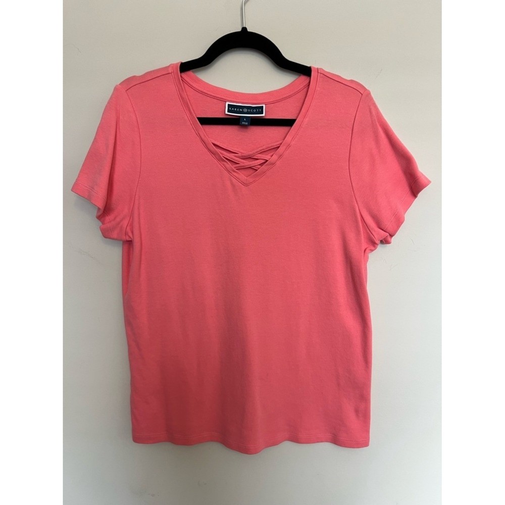 Karen Scott Pink Short-Sleeve V-Neck Top with Lattice Detail Cotton Size L
