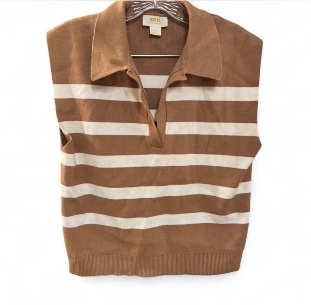 Maeve by Anthropology Brown White Striped Collared Sleeveless Sweater Vest Small