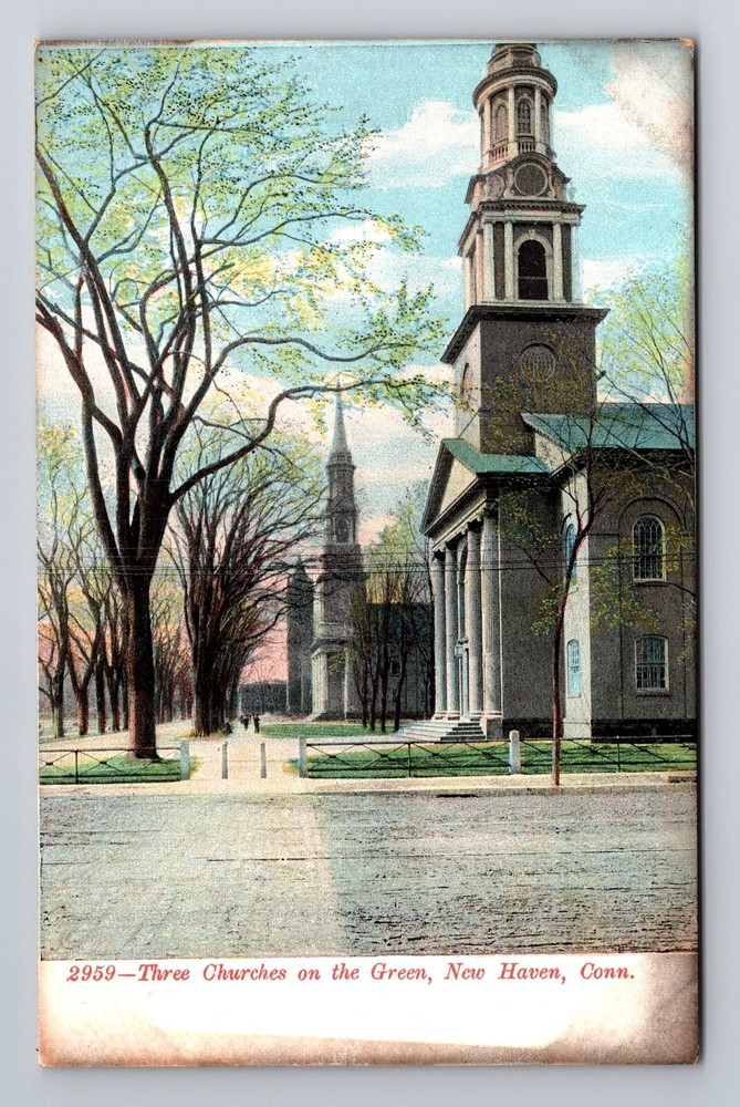 New Haven CT-Connecticut, Three Churches on the Green, Antique Vintage Postcard