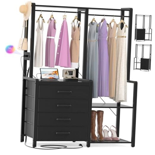 Small Clothes Rack with 4 Drawers, Reversible Garment Rack with Storage