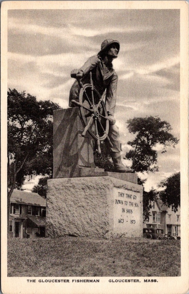 Gloucester Fisherman Statue Postcard - Man at the Wheel Mass. RPPC