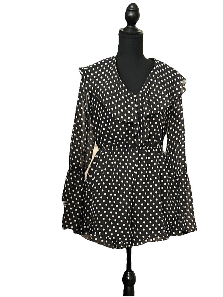 Flowy Polka Dot Romper Black-White Chiffon Ruffles W/Bell Sleeves Sz M