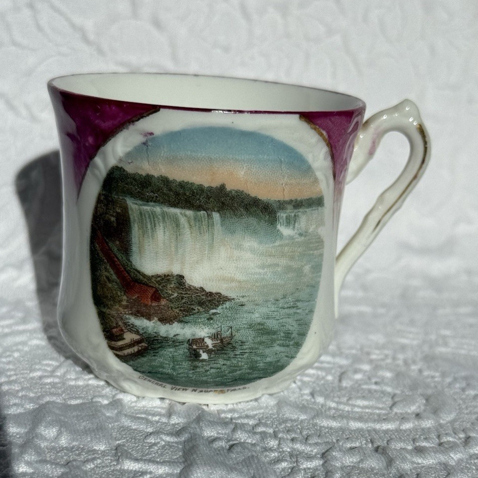 Niagara Falls Scenic Souvenir Mug, White Ceramic, Purple Rim, Handle