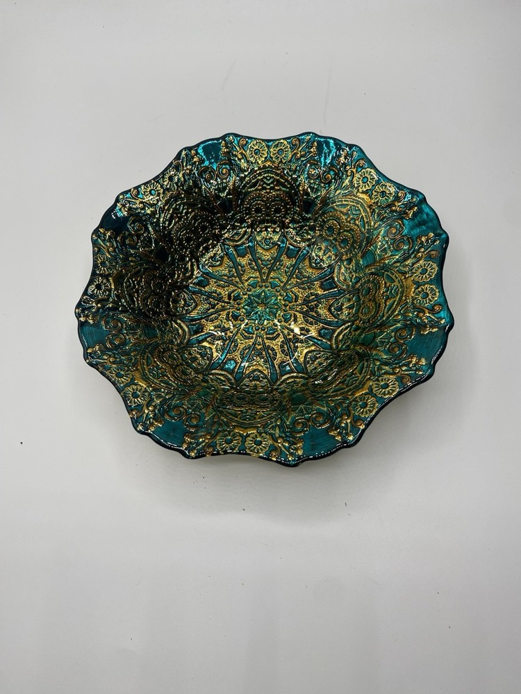 Handmade Turkish decorative glass bowl with scalloped/wavy edges teal/turquoise