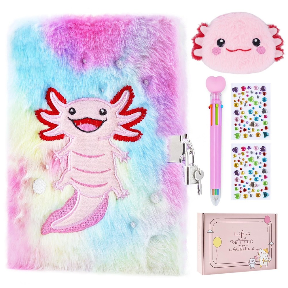 Axolotl Diary with Lock, Gift for 8 9 10 Year Old Girl, Secret Diary Journal