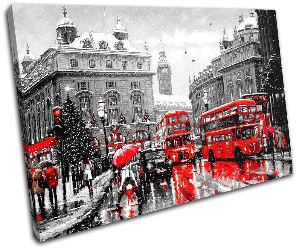London Winter Red Bus City Canvas Wall Art Print  