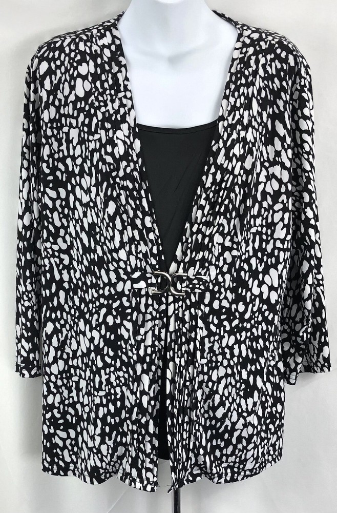 ByDesign Combo TwinSet Top L Blk Wht Cow Animal Print Charm Pleated 3/4 Sleeves