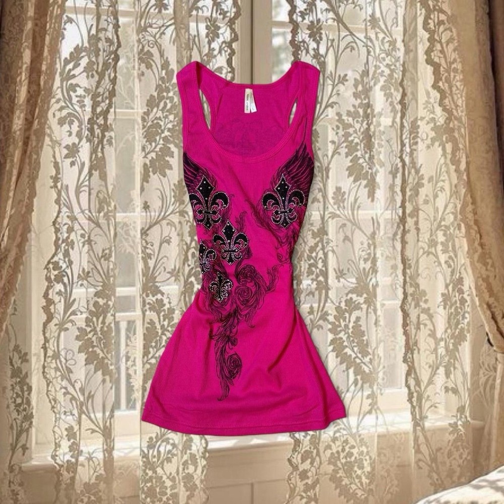 Vintage Y2K Deadstock Grunge Bedazzled Fleur de Lis Angel Wings Tank Top