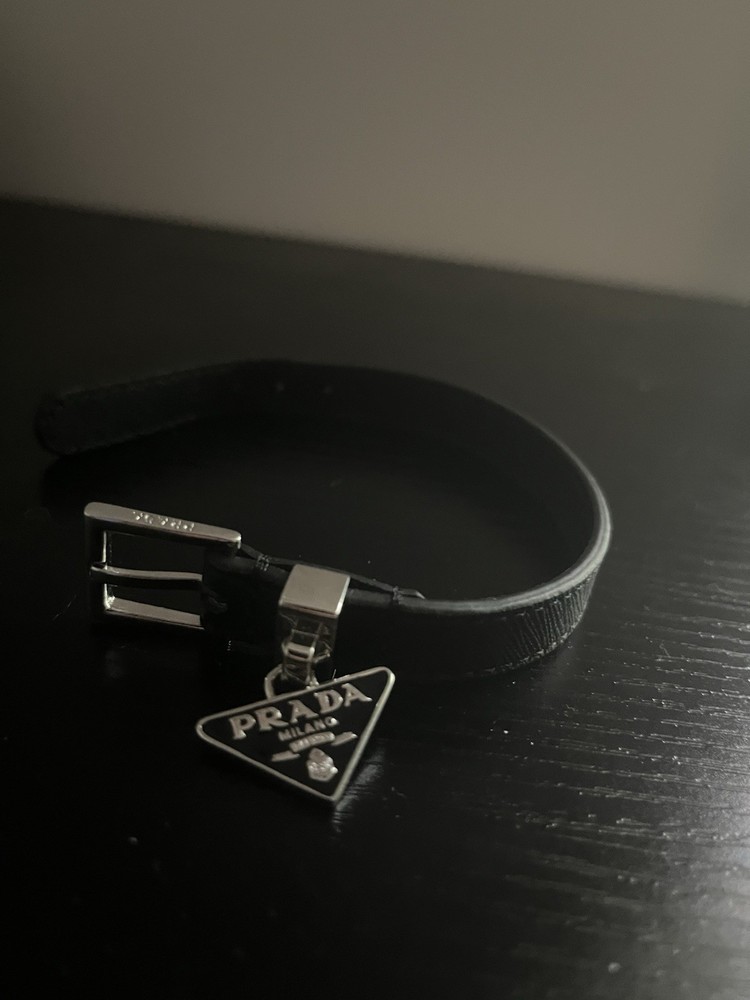 PRADA Saffiano Bracelet Metal x leather Black Auth